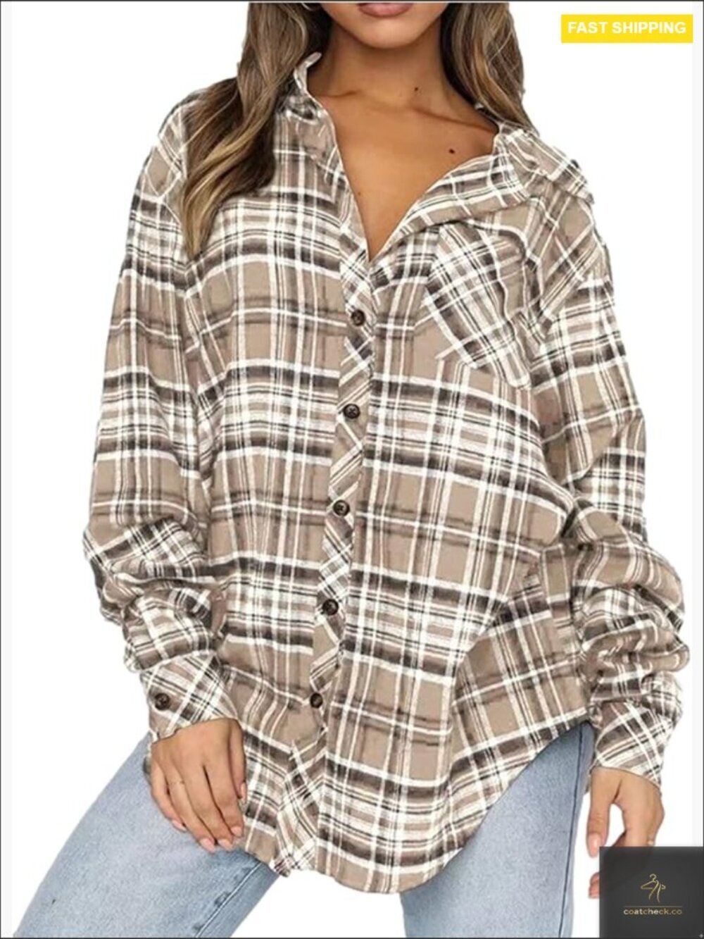 Oversized Plaid Flannel Shacket Long Sleeve Button Down Blouse Tops